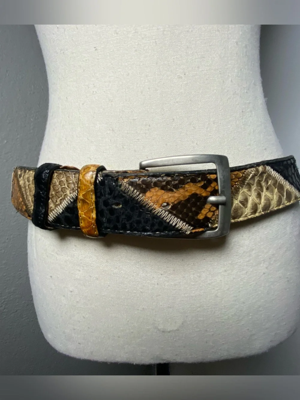 Vintage Italian Tan & Black Patchwork Snakeskin Leathed Belt Size XL